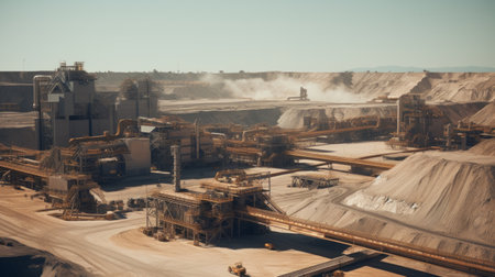 Elevated views of a mining site, displaying the vastness of extraction operations and heavy machinery. Generative AIの素材
