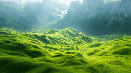 Majestic Swiss mountainscape with detailed macro views of vibrant green pastures, showing the intricate textures and patterns of the lush grass against the backdrop of the peaks Generative AIの素材