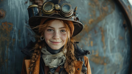Realistic depiction of a teenager in post-apocalypse steampunk clothing, smiling and representing resilience and happiness Generative AIの素材