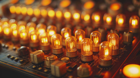 Vintage audio recorder embellished with cascading rows of shimmering light bulbs, radiating a nostalgic and luminous ambiance Generative AIの素材