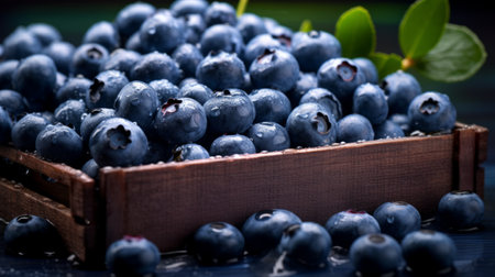 A box overflowing with luscious blueberries, close-up realistic photo Generative AIの素材