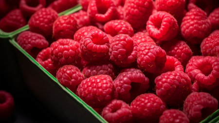 A box of fresh, sweet raspberries, close-up realistic photo Generative AIの素材