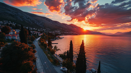 Bay silhouette, drone's vantage, fading sunlight, coastal charm, detailed and vivid sunset at Boka Kotor Bay Generative AIの素材
