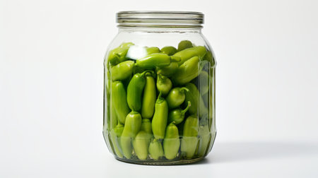 A close-up realistic photo of a glass jar brimming with green bell peppers against a white background Generative AIの素材