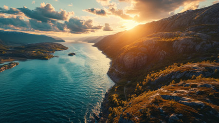 Coastal allure, aerial drone shot, setting sun, panoramic bay views, highly detailed Boka Kotor Bay sunset Generative AIの素材