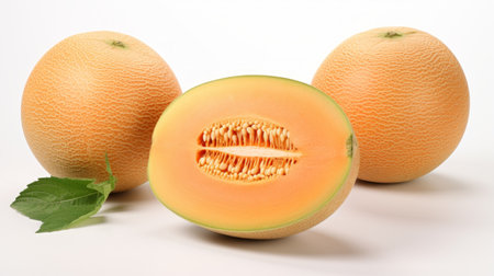 Close-up realistic photo showcasing three ripe, fragrant cantaloupes on a white background Generative AIの素材