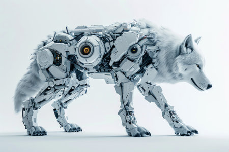 Conceptual image of a roboticized wolf with technological augmentations, portrayed against a clean white setting Generative AIの素材