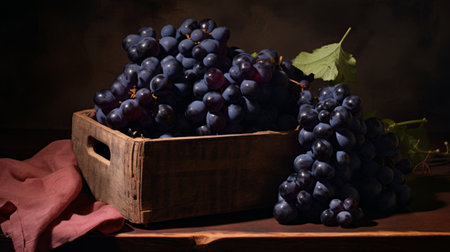 Close-up realistic photo featuring a box filled with plump black grapes Generative AIの素材