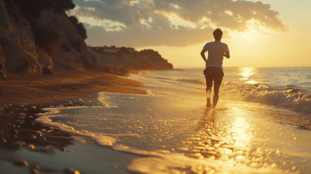 Realistic portrayal of a man enjoying a leisurely jog along the seashore, with a sense of freedom and contentment Generative AIの素材