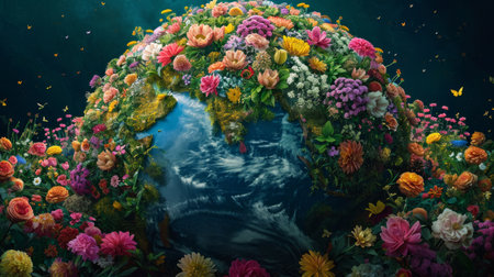 Earth's continents are portrayed as flourishing gardens with blooming flowers in a realistic representation, showcasing the globe adorned with different floral compositions, highlighting the unique landscapes of each continent Generative AIの素材