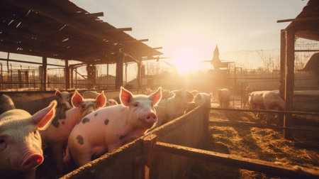 Morning sunlight casting a warm glow on a well-maintained pigsty, where pigs roam freely in a spacious enclosure. Generative AIの素材