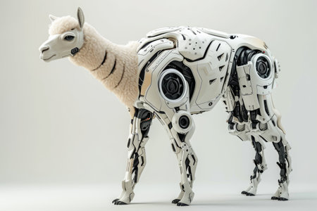 Photo concept of a cybernetically enhanced alpaca with robotic parts and technological augmentations, set against a plain white backdrop Generative AIの素材