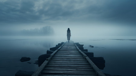Solitary figure positioned on a misty and somber dock. Moody mist, solitary ambiance, isolated person Generative AIの素材