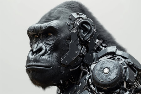 Realistic depiction of a gorilla integrated with robotic enhancements and cybernetic components, set against a plain white background Generative AIの素材