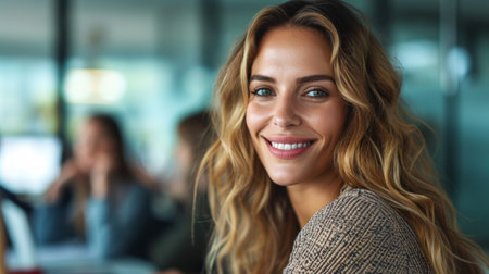 Realistic depiction of a woman in a corporate office environment, smiling confidently during a discussion in a meeting room Generative AIの素材