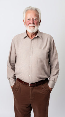 Stock image of a grandpa in a shirt and trousers on a plain white background Generative AIの素材