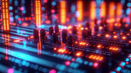 Technological equalizer interface featuring an assortment of illuminated lights reacting to the audio, producing a mesmerizing and lively visual representation, Generative AIの素材