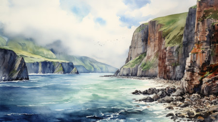 Towering cliffs overlooking the ocean. aquarelle Generative AIの素材