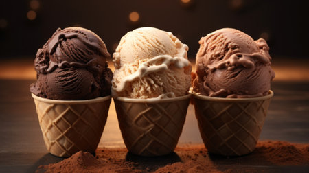 Three scoops of indulgent coffee-flavored ice cream showcased in a close-up realistic photo against a white background Generative AIの素材