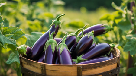 close-up of male hands holding eggplants, harvesting in the garden Generative AIの素材