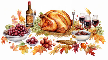 thanksgiving dinner digital embellishments, in the style of feminine sticker art, atmospheric watercolors, loose linework, detailed miniatures, white and bronze, grocery art, cottagepunk Generative AIの素材