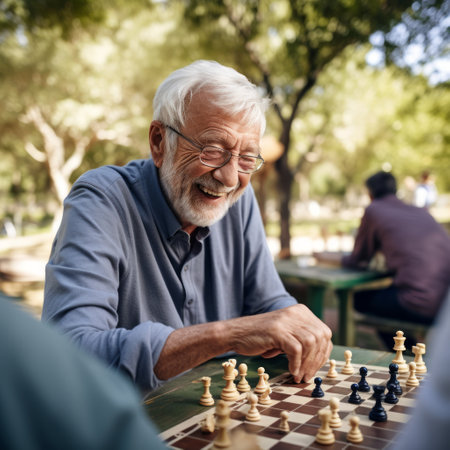 Stock image of an older man playing chess in a park with friends, strategic and engaging Generative AIの素材
