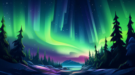 A breathtaking aurora borealis lighting up the night sky. vector cartoon graphic Generative AIの素材