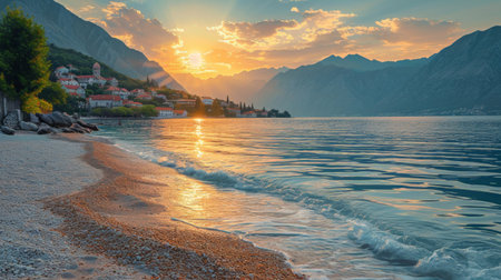 A breathtaking morning scene at the Bay of Kotor, the rising sun painting the sky with soft hues Generative AIの素材