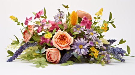 A vibrant bouquet of assorted flowers arranged elegantly on a white background, with ample space for personalized messages or text. Generative AIの素材
