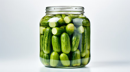 A close-up realistic photo of a glass jar packed with green cucumbers against a white background Generative AIの素材