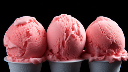 A trio of strawberry ice cream scoops captured in a close-up realistic photo against a white background Generative AIの素材