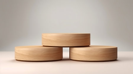 Empty Wooden round podium Podium for advertising product display, high quality, white background Generative AIの素材