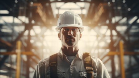 Construction site with a builder overseeing the project, blueprint in hand, hard hat and safety gear, engaged in planning Generative AIの素材