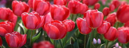 Immaculate flowerbed of vibrant red tulips in full bloom, creating a stunning focal point. Generative AIの素材
