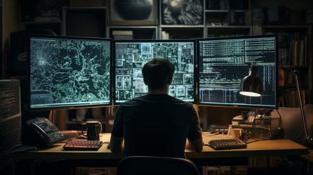 Journalist analyzing data on a computer screen, in-depth research, surrounded by reports and documents Generative AIの素材