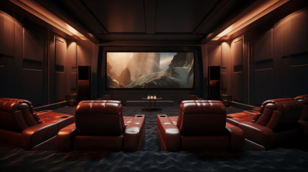 Lavish theater room with plush seating and a large screen for movie nights. Generative AIの素材