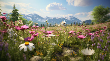 Lush meadow adorned with a diverse array of spring wildflowers in vibrant colors. Generative AIの素材