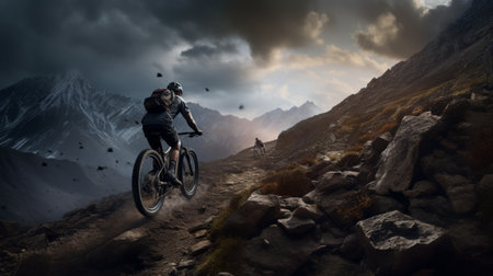 A dramatic visualization of a mountain biker in motion, skillfully negotiating rocky paths and breathtaking landscapes on an adventurous ride. Generative AIの素材