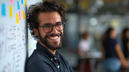 Photo concept of a man in an office, standing near a whiteboard, smiling and collaborating on a project with colleagues Generative AIの素材