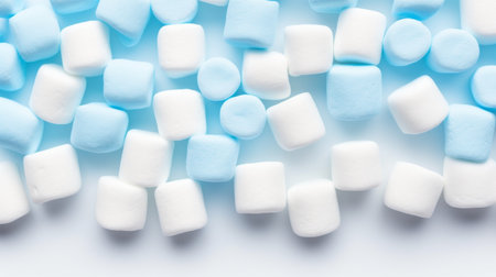Marshmallows in vibrant blue, square-shaped, neatly aligned on a white surface, bright lighting, modern and crisp atmosphere Generative AIの素材