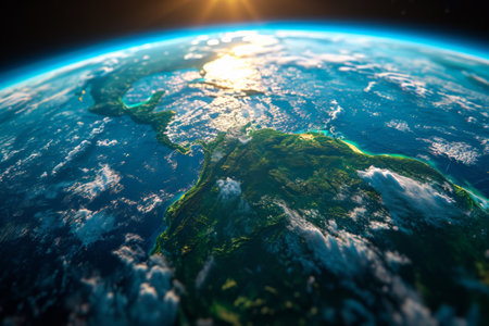 Realistic photo concept of Earth, showcasing its continents and oceans from a birds-eye view Generative AIの素材