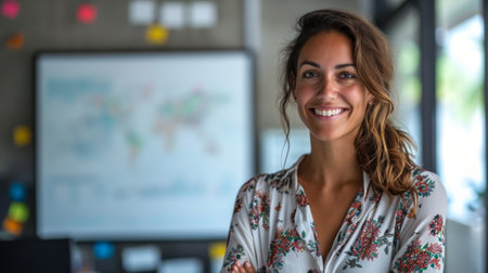 Photo concept of a woman in an office, standing near a whiteboard, smiling and explaining a presentation to her colleagues Generative AIの素材
