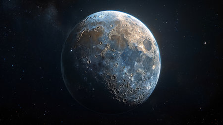 Realistic depiction of the Moon, displaying its surface details and crater formations from a high-resolution angle Generative AIの素材