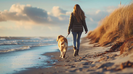 Realistic photo concept of a woman walking her dog along the seashore, both enjoying the coastal breeze and serene environment Generative AIの素材
