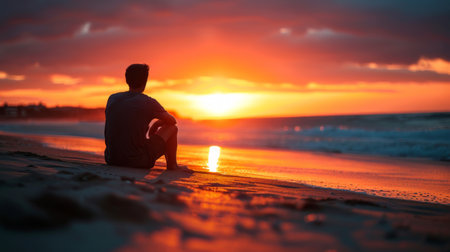 Photo concept of a man sitting on the sand, watching the sunset at the seashore, with a tranquil and reflective demeanor Generative AIの素材