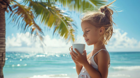 Photo concept of a young girl standing under a palm tree on an island, holding a cup of cocoa with steam rising, enjoying the ocean breeze Generative AIの素材