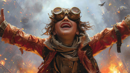 Realistic depiction of a teenager in post-apocalypse steampunk clothing, expressing joy and resilience in a challenging world Generative AIの素材