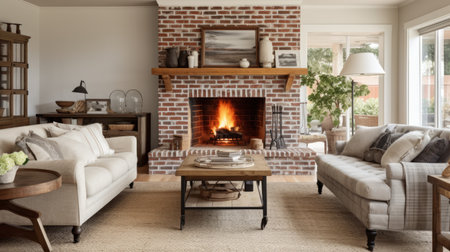 Realistic photo of a farmhouse-style living room, brick fireplace, vintage decor, comfortable seating, soft natural lighting, cozy and nostalgic feel Generative AIの素材