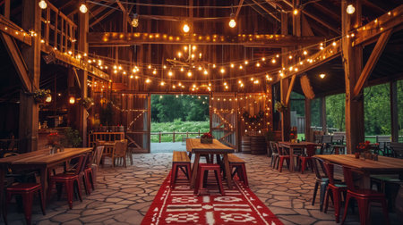 Rustic barn-style event setting, wooden beams, country decor, and cozy lighting, suitable for cooking or crafting streams Generative AIの素材
