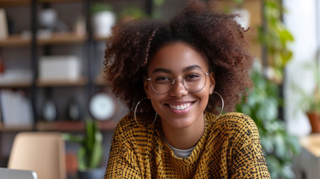 Realistic portrayal of a woman in a home office setup, sitting at a desk, smiling contently while engaging in a video meeting Generative AIの素材